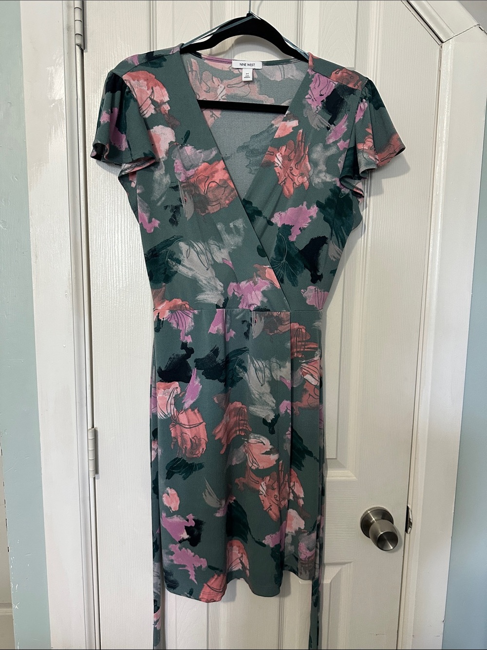 Nine West Teal Floral Faux-Wrap Midi Dress